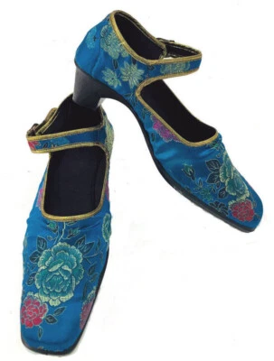 Brocado satinado azul chino + dorado Vitg años 90 suela de goma negra tacón Mary Janes 38 Foto 1 de 4