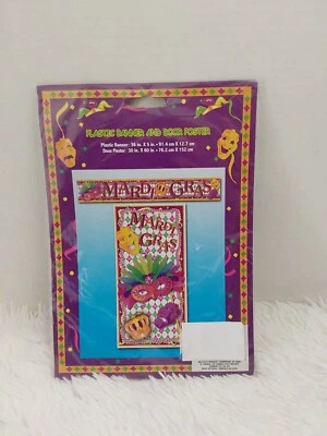 Пластиковый баннер Mardi Gras (36 дюймов x 5 дюймов) и дверной плакат (30 дюймов x 60 дюймов) с принтом-маской новый в упаковке - Изображение 1 из 4