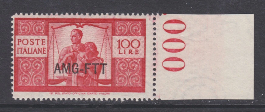 Trieste Sc 69 MNH. Carmine Lake 1949 100 L con AMG-FTT embalaje original, margen de hoja a la derecha Foto 1 de 1