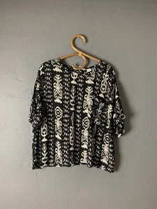 Vintage Bila India Ikat Top 90s Boxy Fit Black And Cream Rayon - Bild 1 von 6