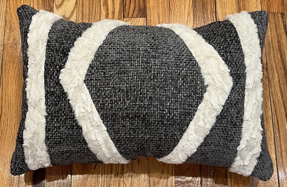 Black Textured Cloth Lumbar Throw Pillow with Faux fur Geometric Design - Image 1 of 4