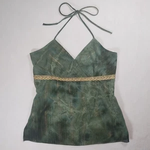 Vintage Y2K Green Copper Stripe Gold Lace Halter Babydoll Top Sz L Fairy Grunge - Picture 1 of 8