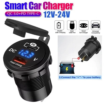 12V 24V Dual QC 3.0 USB PD Type-C Fast Car Charger Socket Adapter Power Outlet - Image 1 of 4