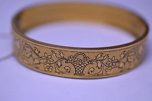 ANTIQUE VICTORIAN GOLD FILLED TAILLE D'EPARGNE BASKET .5" HINGED BANGLE BRACELET - Picture 1 of 8