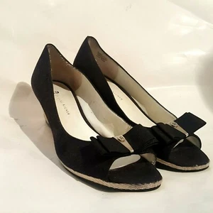 Etienne Aigner Wedge Open Toe Bow Women's Shoes Size 8.5M Black Fabric - Picture 1 of 12