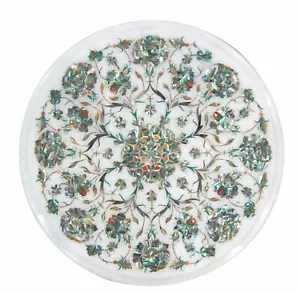 Runder weißer Marmor Ecktisch Abalone Muschel exklusive Intarsien Kunstmöbel - Bild 1 von 8