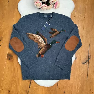 Polo RALPH LAUREN MAGLIONE IN LANA da uomo anatra oche selvatiche toppe gomito blu M medio - Foto 1 di 23