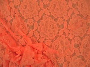 Tessuto Abbigliamento Pizzo Elasticizzato Ricamato Trasparente Floreale Neon Corallo DD305 - Foto 1 di 1
