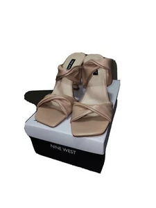 Nine West Womens SeeYa3 Slip On Square Toe Heel Sandals Beige Shoes Size 7.5M - Picture 1 of 7