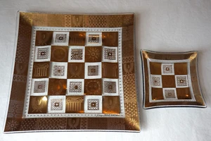 Georges Briard MCM Golden Celeste Trays Hollywood Regency Art Glass 60s SET of 2 - Picture 1 of 19