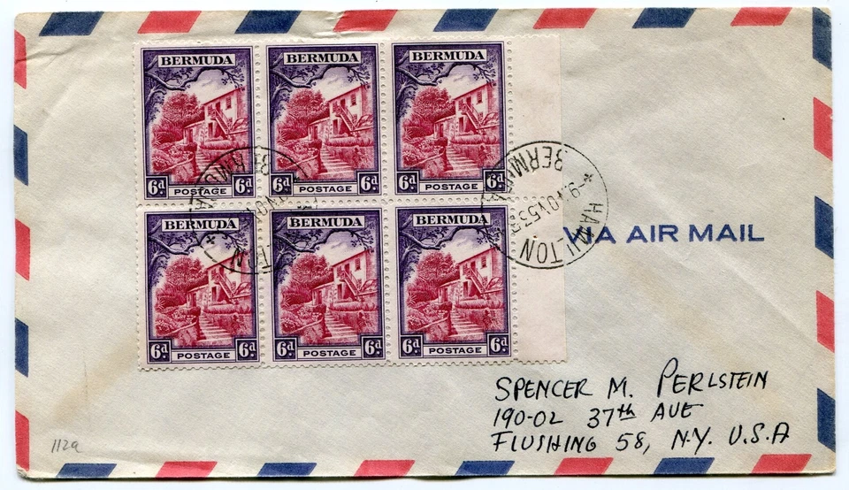 Bermudas 1953 KGVI 6d folleto panel de 6 SG 104a (c/w P.6) usado en sobre a EE. UU. Foto 1 de 1