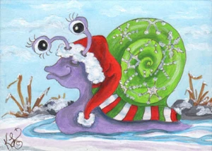 ACEO Santa hat Snail snowflake Snow mini Loberg original Christmas fantasy art - Picture 1 of 3