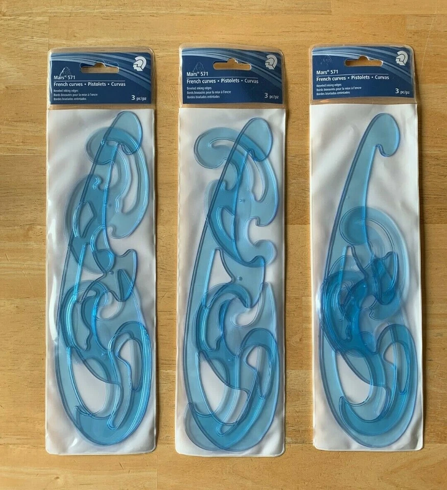 Staedtler Mars 571 French Curve Set of 3 - a B & C Blue Transparent Plastic