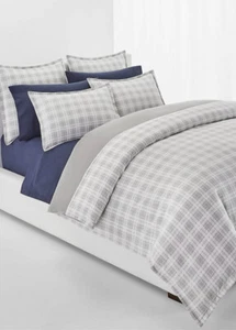 NIP Ralph Lauren Flannel Ulster Plaid Grey White King Duvet Cover & Shams Set - Picture 1 of 8