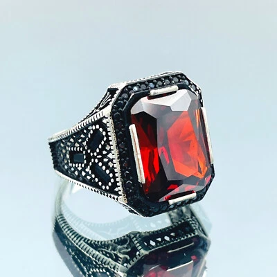 Anel masculino simulado de pedra rubi anel de prata esterlina 925 anel autêntico presente ele - Imagem 1 de 4