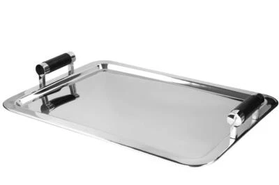 Fink MONZA Tablett mit schwarzen Ledergriffen, Edelstahl vernickelt, Leder, silb - Bild 1 von 2