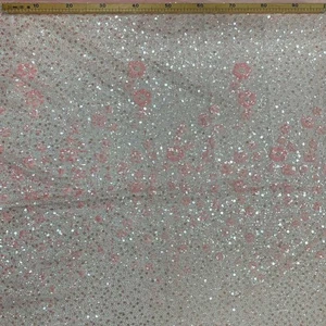 Tessuto Tulle Ricamato Fiori Corallo Paillettes 50 Cm 6621 - Foto 1 di 11