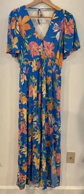 NWT Abel The Label Blue Star Maxi Dress Flutter Sleeve Pink Tropical Large - Image 1 of 4