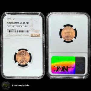 2000 1C Lincoln Memorial Cent Obverse Struck Thru Mint Error NGC MS65 RD - Picture 1 of 3
