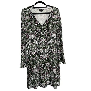 J. Jill Wearever Sz L Black Floral Long Bell Sleeve Jersey A-Line Mini Dress - Picture 1 of 7