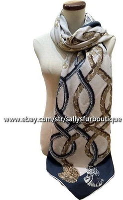 2025 Sallys 70% Cashmere 30% Silk Horse Tassel Print Double Face Scarf Shawl 53" - Image 1 of 4
