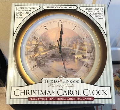NEW Thomas Kinkade 13-Inch Christmas Carol Wall Clock Auto Night Time Music-off - Image 1 of 4