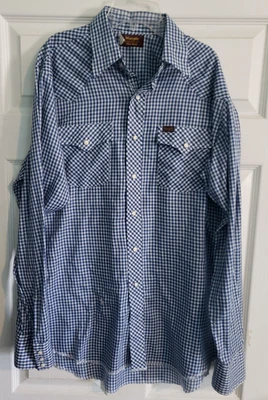 Винтажная мужская рубашка Wrangler размер L высокая мужская с жемчужной застежкой вестерн синяя имбирь клетчатая - Изображение 1 из 4