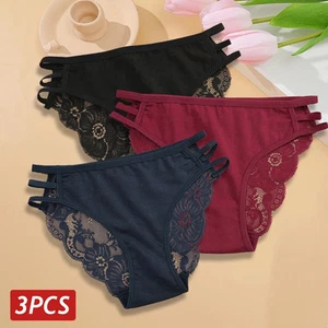 Spitzenhöschen niedrig geschnitten ausgehöhlt Damen Blumen weich Dessous 3 Stück Set - Bild 1 von 14