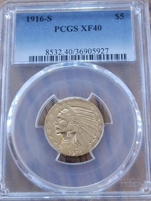 1916 S $5 Gold Indian Half Eagle PCGS XF40 - Image 1 of 4