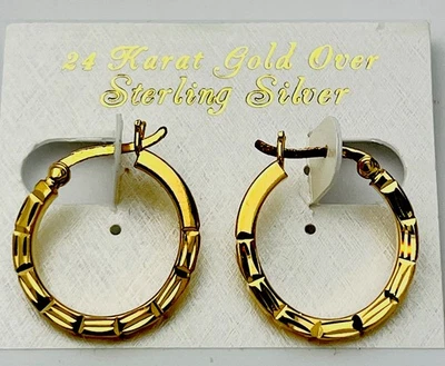 DaneCraft 24KT Gold Over 925 Sterling Silver Diamond Cut Hoop Pierced Earrings - Image 1 of 4