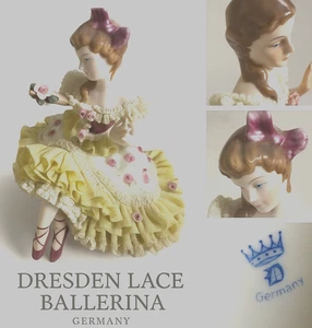 Dresdner seltene Vintage Ballerina Porzellan, gelbe Rüschenspitze & Rosen, gemarkt - Bild 1 von 14
