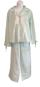 Laura Ashley Pyjama Set Aqua Baumwollmischung Rüschenkragen Weiß Spitze 2-teilig Gr. M - Bild 1 von 20