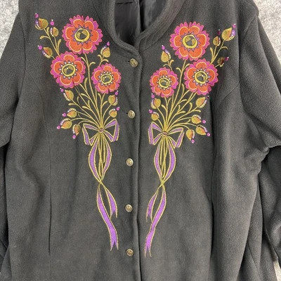 Chaqueta Bob Mackie Mujer 3X Negra Bordada Floral Boho Polar tiene Bolsillos Foto 1 de 4