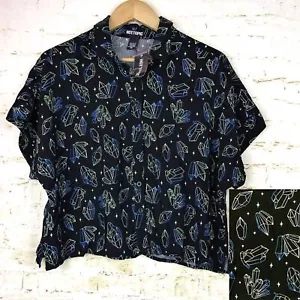 Camisa con botones Hot Topic para mujer M negra verde azulado amarillo cristales estampado bruja gótica - Imagen 1 de 11