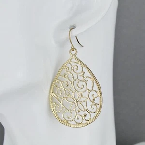 Gold teardrop earrings dangle cut out filigree scroll oval 2.25" long liteweight - Picture 1 of 10