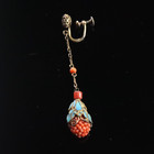 Antique Chinese Vermeil Coral Bead Kingfisher Feather Single Pendant Earring