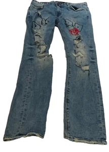 Akoo Jeans Men's Blue Size 36 Destressed Painted Pants Hip Hop 90's - Picture 1 of 13