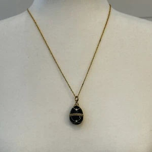 Vintage Green Guilloche Enamel Crystal Egg Pendant Gold-tone 24" Chain Necklace - Picture 1 of 11