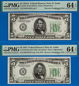 1934A 1934 $5 Federal Reserve Note PMG 64EPQ changeover Fr 1957-H Fr 1956-Hm - Picture 1 of 2