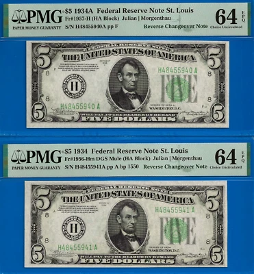1934A 1934 $5 Federal Reserve Note PMG 64EPQ changeover Fr 1957-H Fr 1956-Hm - Image 1 of 2