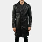 Men's Genuine Lambskin Real Leather Long Trench Coat Button Black Classic Jacket