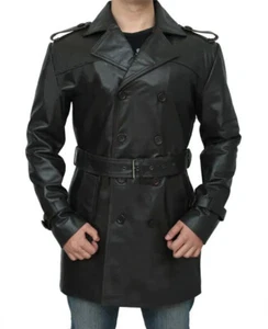 Abrigo de guisante de cuero negro uniforme militar oficial clásico alemán de la Segunda Guerra Mundial para hombre - Imagen 1 de 3