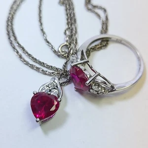 925 Sterling Silver Signed AU Red Heart Necklace 18" And Ring Size 7 - Picture 1 of 12