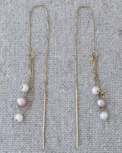 BHG 14k Yellow Gold Cream & Pink Pearl Threader Drop Dangle Duster Earrings 5" - Picture 1 of 4
