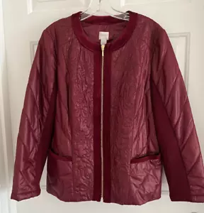 CHICOS ZENERGY Velvet Trim Puffer Jacket Womens Size 2 Quilted Wine Gold Zipper - Picture 1 of 14