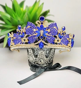 Crystal crown tiara, Vintage Gold Crown, Blue bow tiara, Bridal crystal tiara - Picture 1 of 9