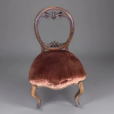 Antique Victorian Carved Walnut Ladies Balloon Back Chair Wood Velvet Seat - Image 1 of 4