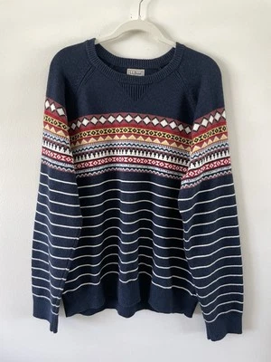LL Bean Fairisle Cabin Sweater Mens Size XL Organic Cotton Cashmere Blue  - Image 1 of 4