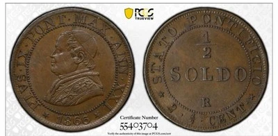 Italian States, Rome (Papal State), Pio IX, 1/2 Soldo, 1866 PCGS MS63BN - Image 1 of 2