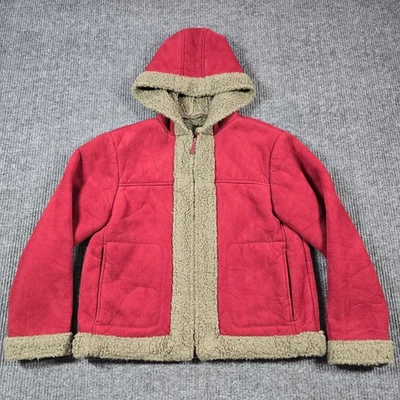 Cabelas Jacket Womens Large Red Suede Sherpa Lined Hooded Full Zip Warm Winter - Image 1 of 4